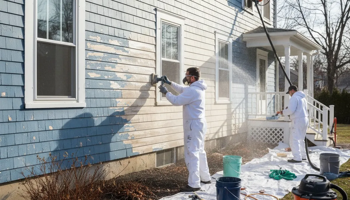Professional surface preparation for exterior house painting in Mansfield, MA before new coatings